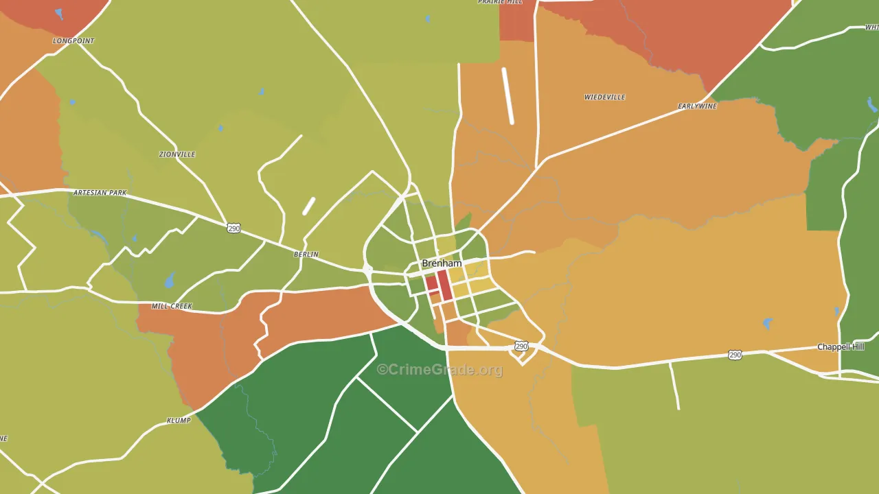 Brenham, TX Map of Robbery Rates