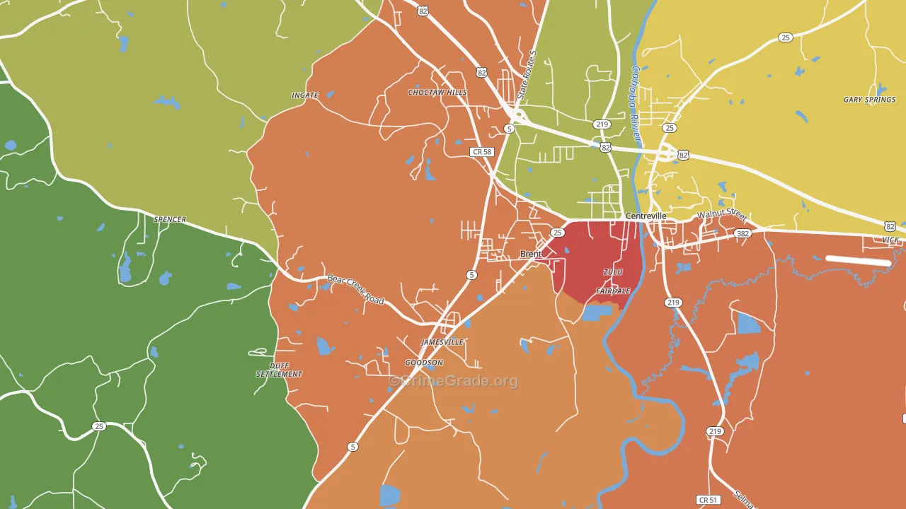 Brent, AL Map of Robbery Rates