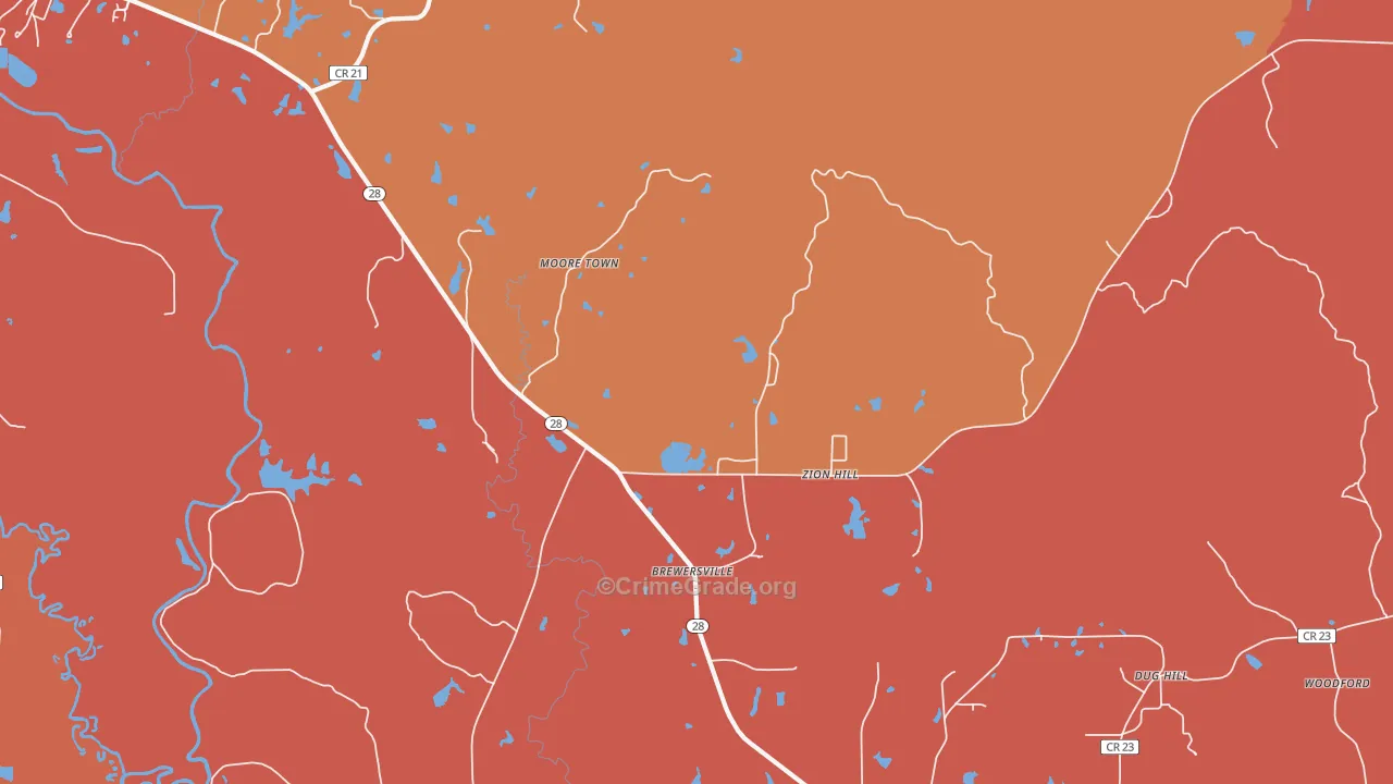 Brewersville, AL Map of Robbery Rates