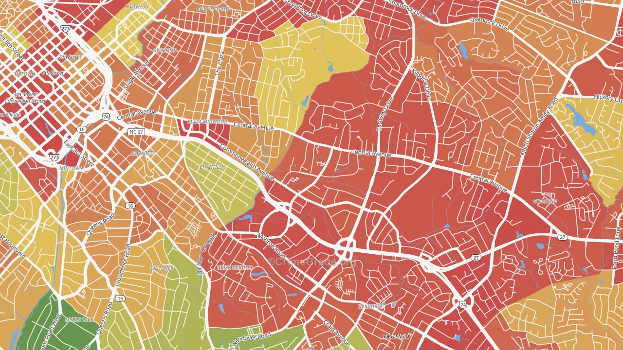 Briarcreek-Woodland, Charlotte, NC Map of Robbery Rates