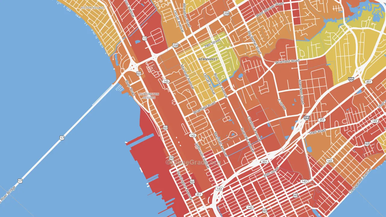 Briarfield, Newport News, VA Map of Robbery Rates