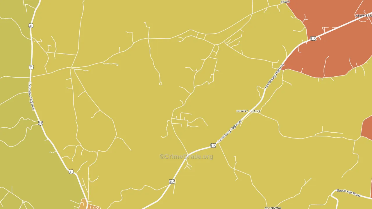 Brick Church, TN Map of Robbery Rates
