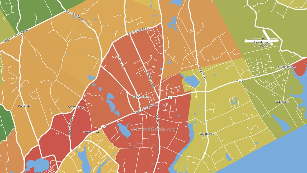 Bridgehampton, NY Map of Robbery Rates