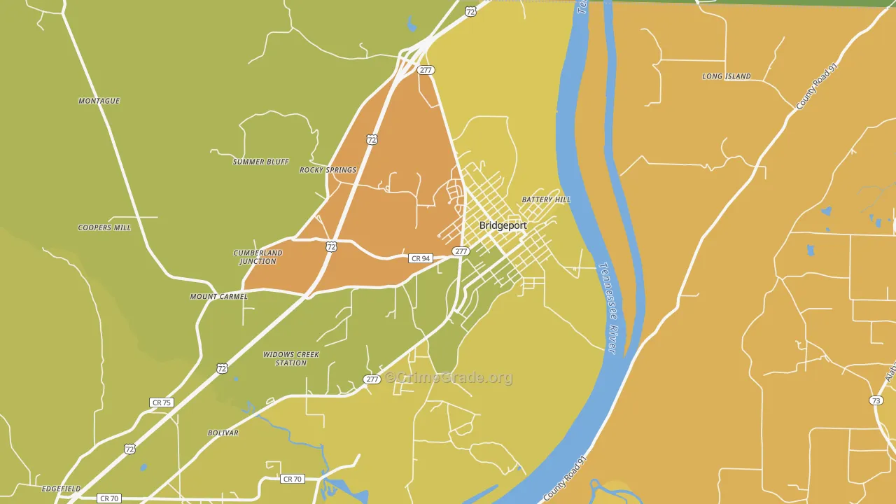 Bridgeport, AL Map of Robbery Rates
