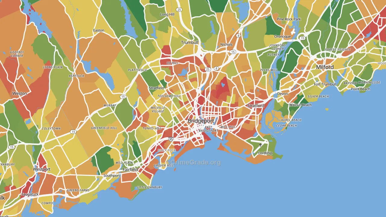 Bridgeport, CT Map of Robbery Rates