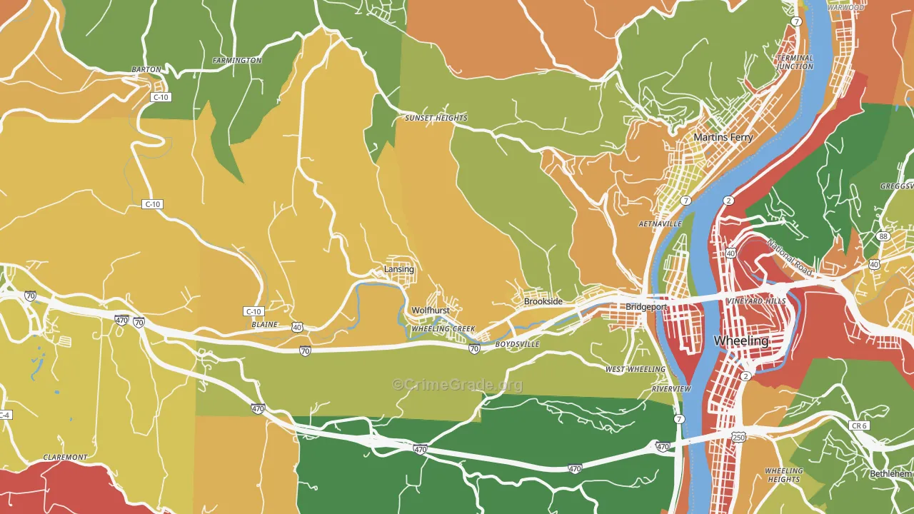 Bridgeport, OH Map of Robbery Rates