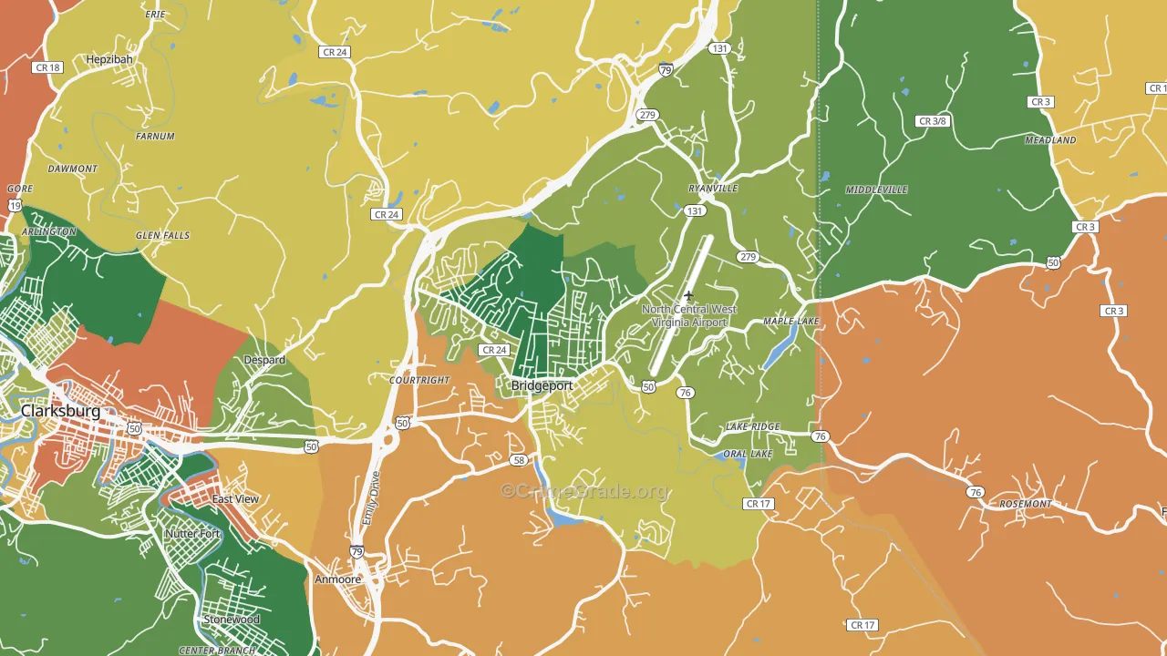 Bridgeport, WV Map of Robbery Rates