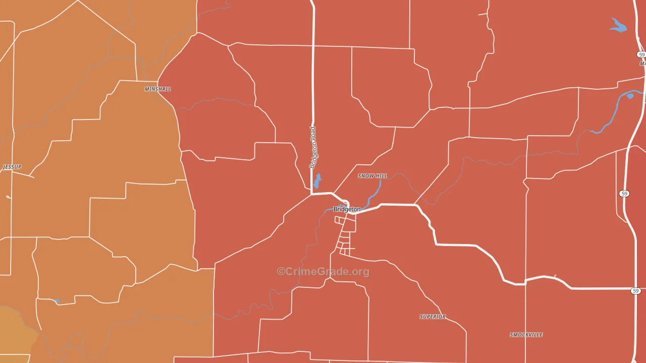 Bridgeton, IN Map of Robbery Rates