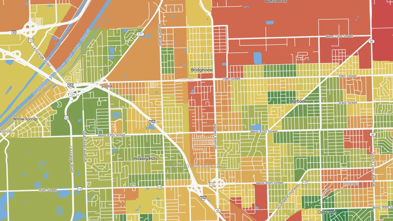 Bridgeview, IL Map of Robbery Rates