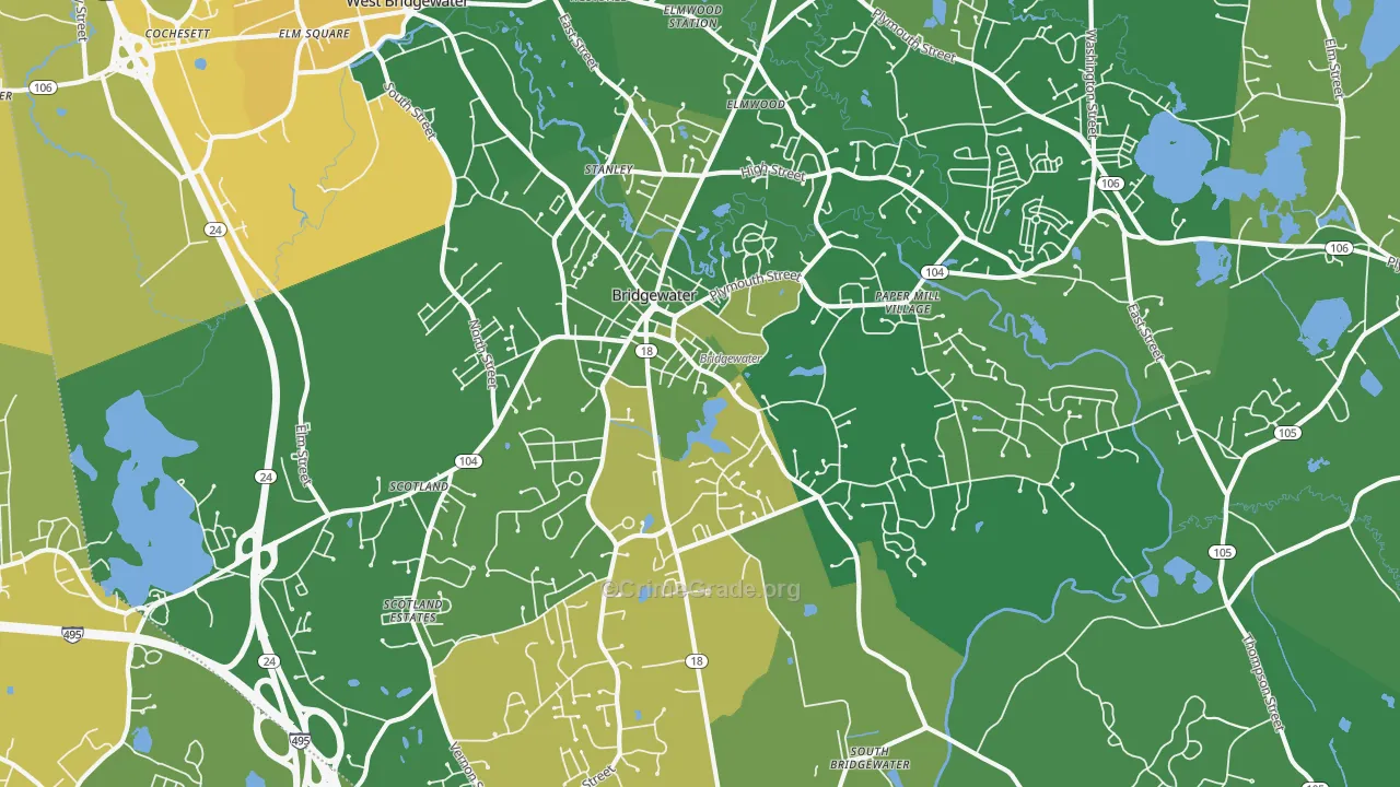 Bridgewater, MA Map of Robbery Rates