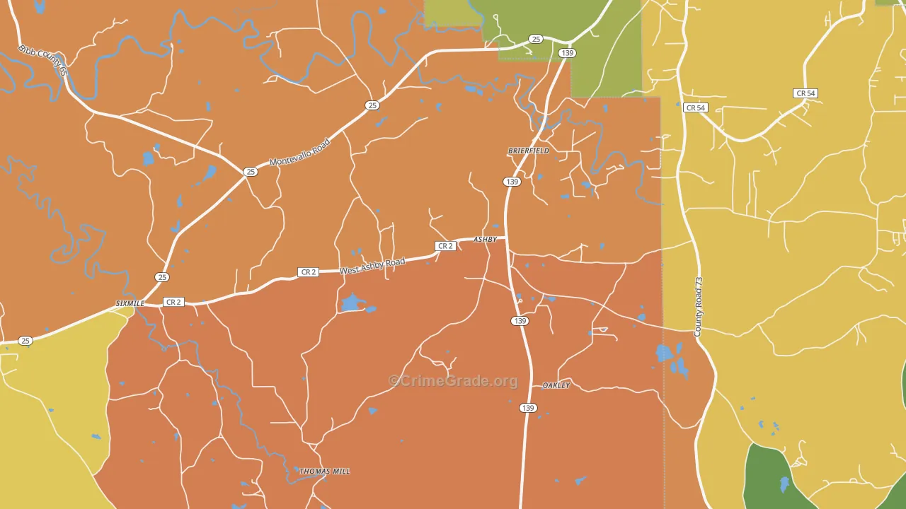 Brierfield, AL Map of Robbery Rates