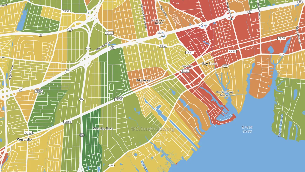 Brightwaters, NY Map of Robbery Rates