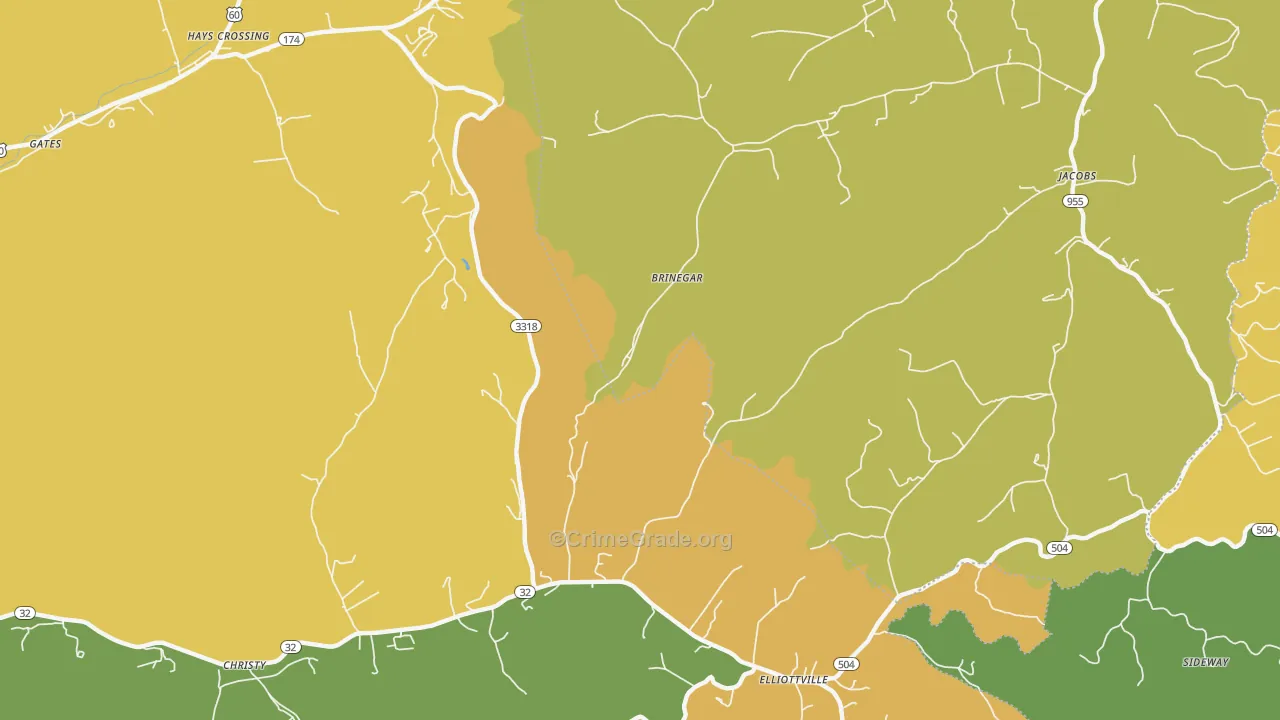 Brinegar, KY Map of Robbery Rates