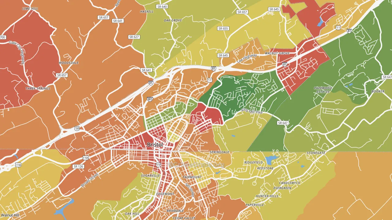Bristol City, VA Map of Robbery Rates