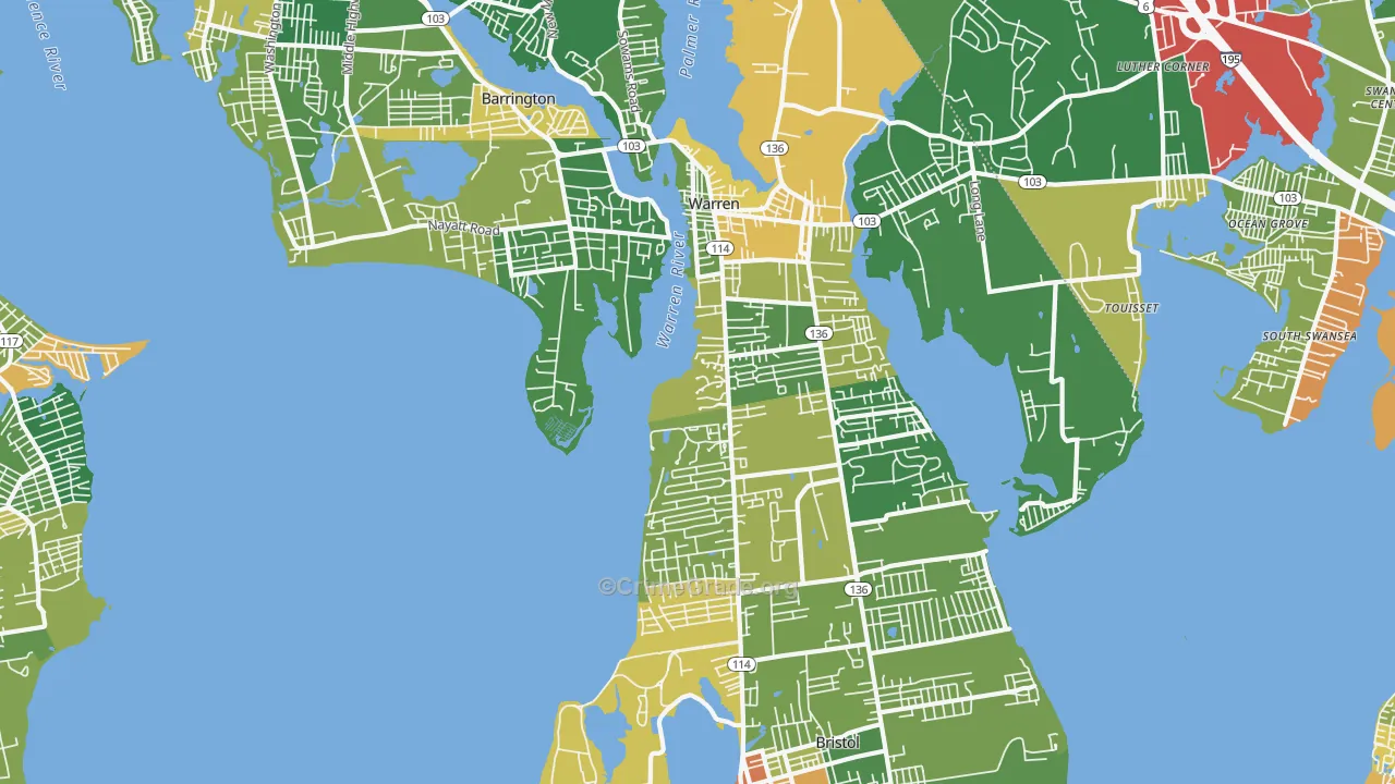 Bristol County, RI Map of Robbery Rates