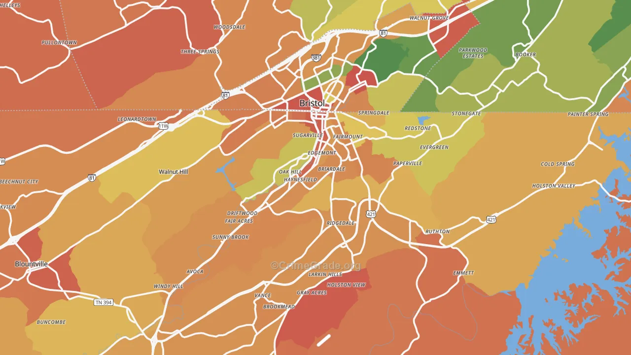 Bristol, TN Map of Robbery Rates