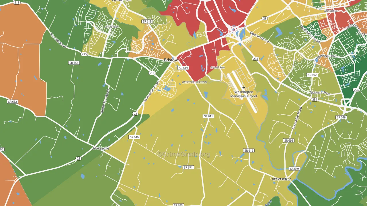 Bristow, VA Map of Robbery Rates