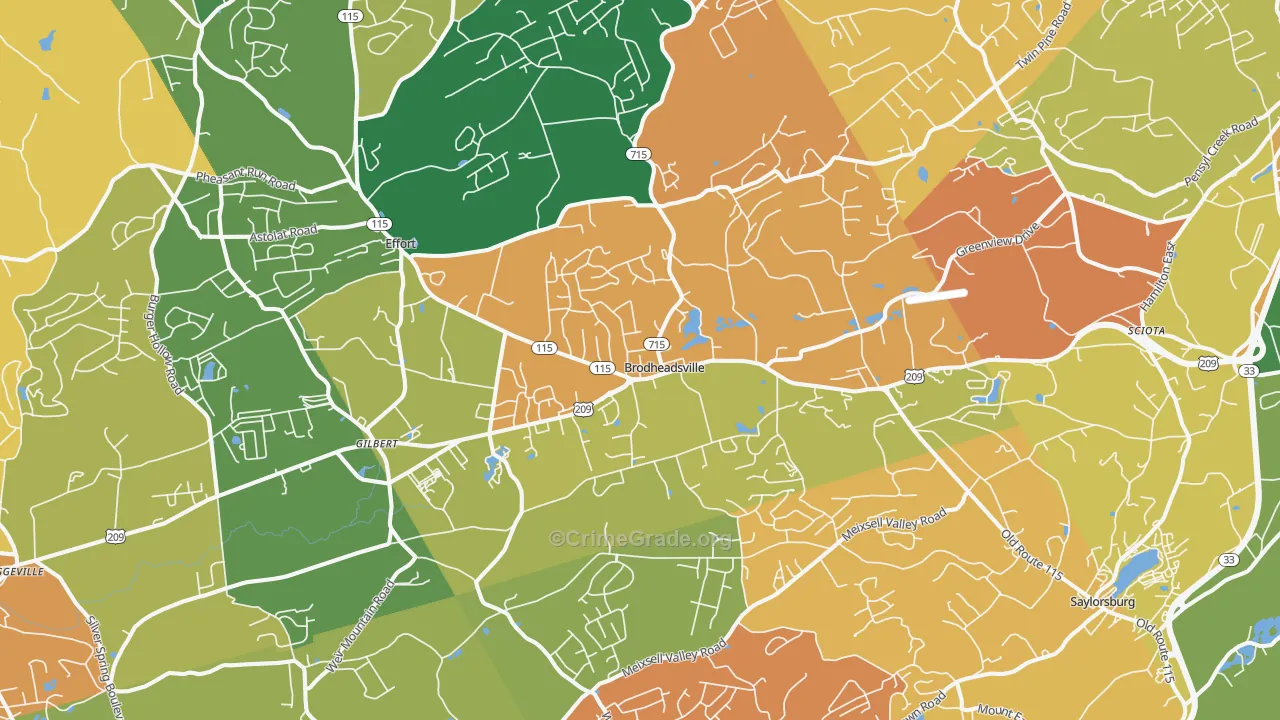 Brodheadsville, PA Map of Robbery Rates
