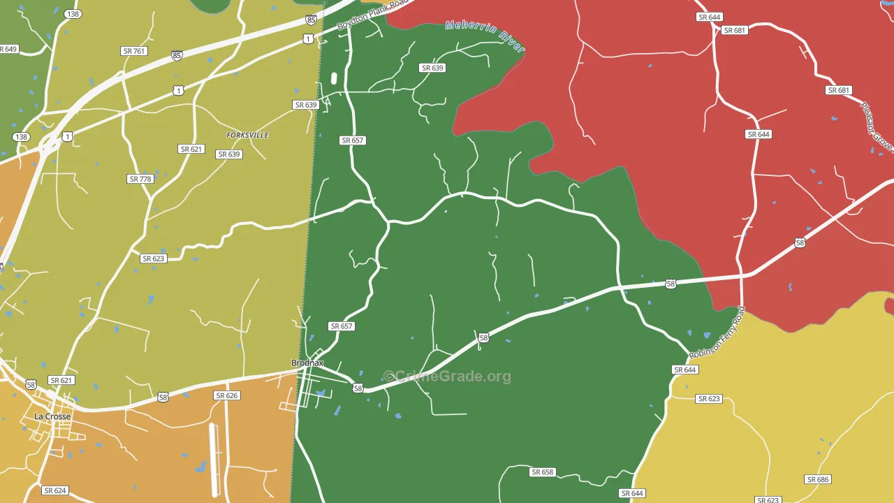 Brodnax, VA Map of Robbery Rates