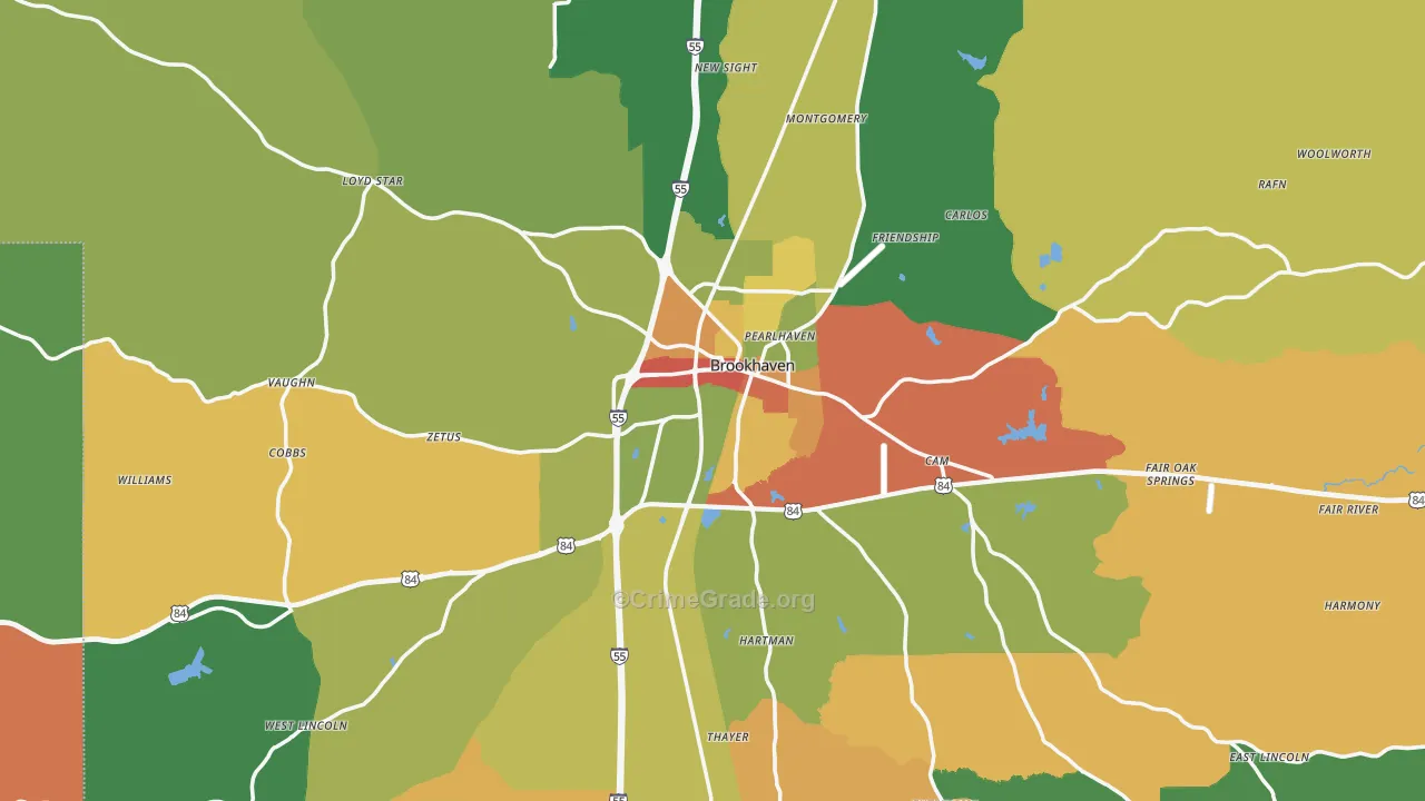 Brookhaven, MS Map of Robbery Rates