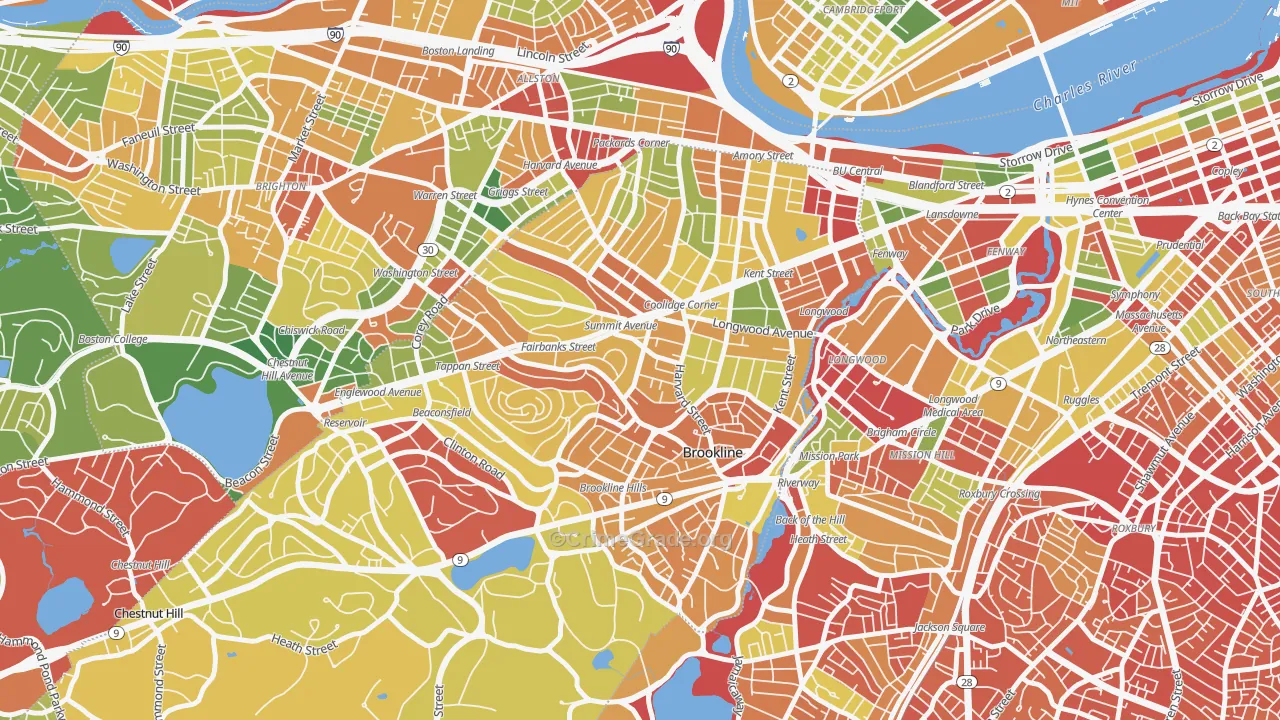 Brookline, MA Map of Robbery Rates