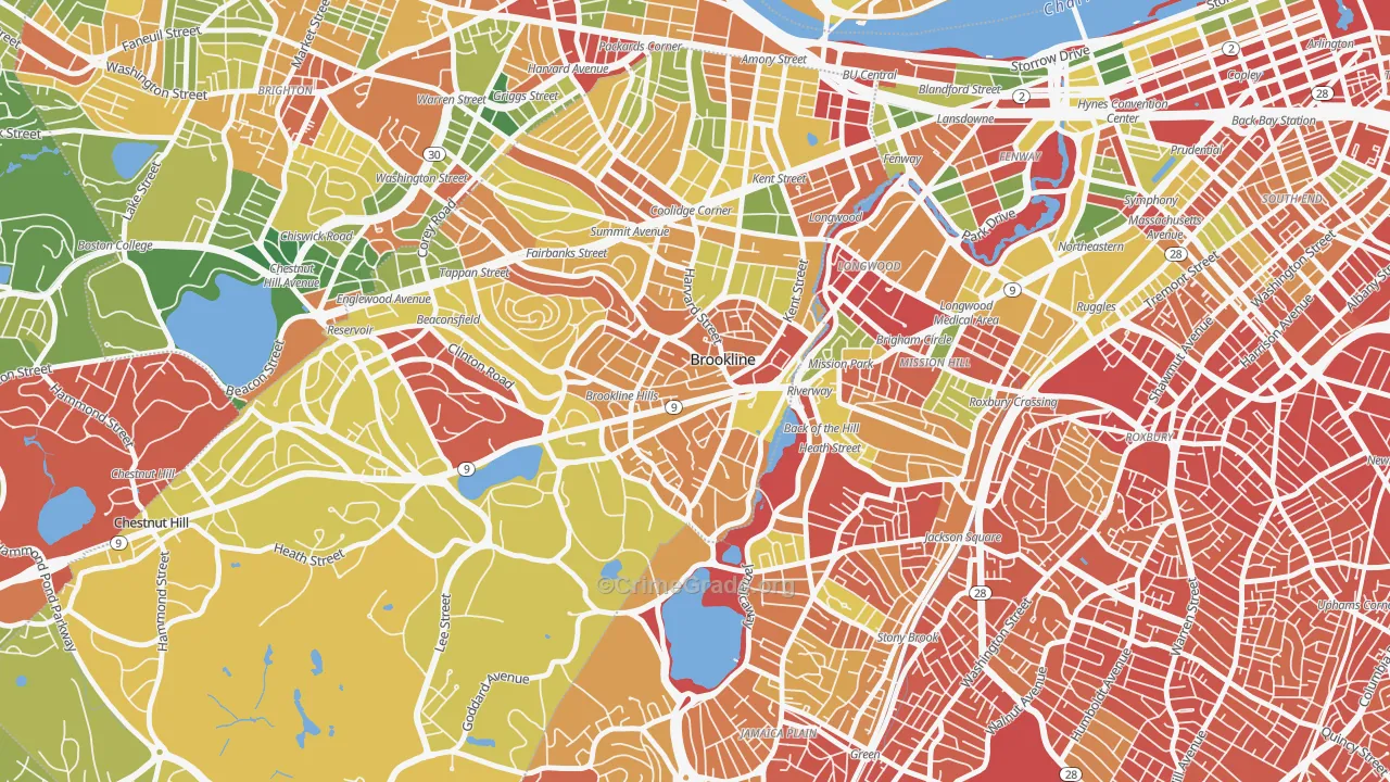 Brookline Village, Brookline, MA Map of Robbery Rates