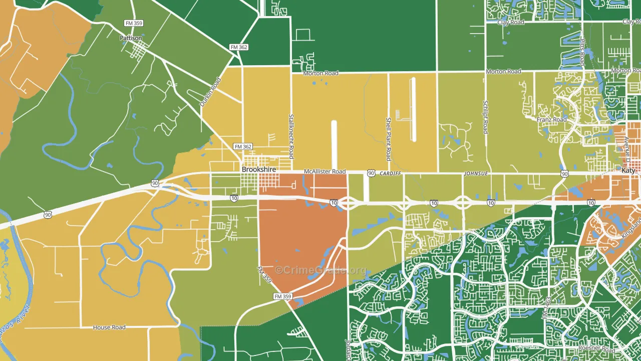 Brookshire, TX Map of Robbery Rates