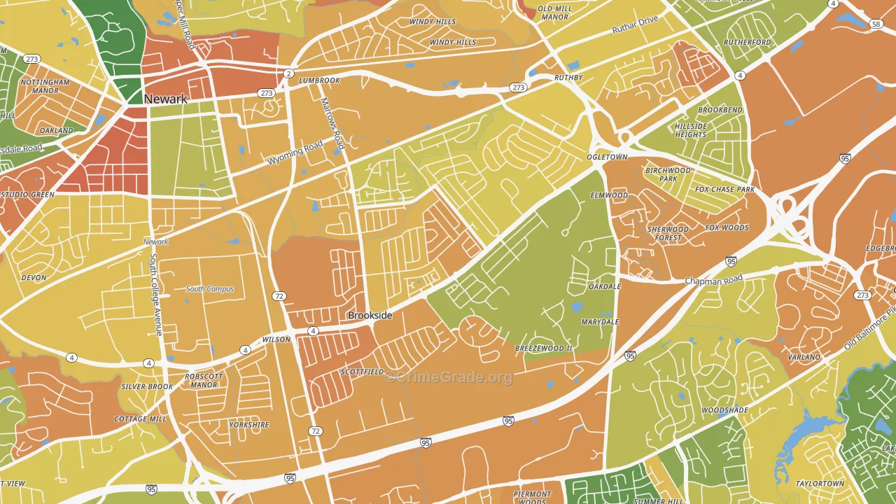 Brookside, DE Map of Robbery Rates