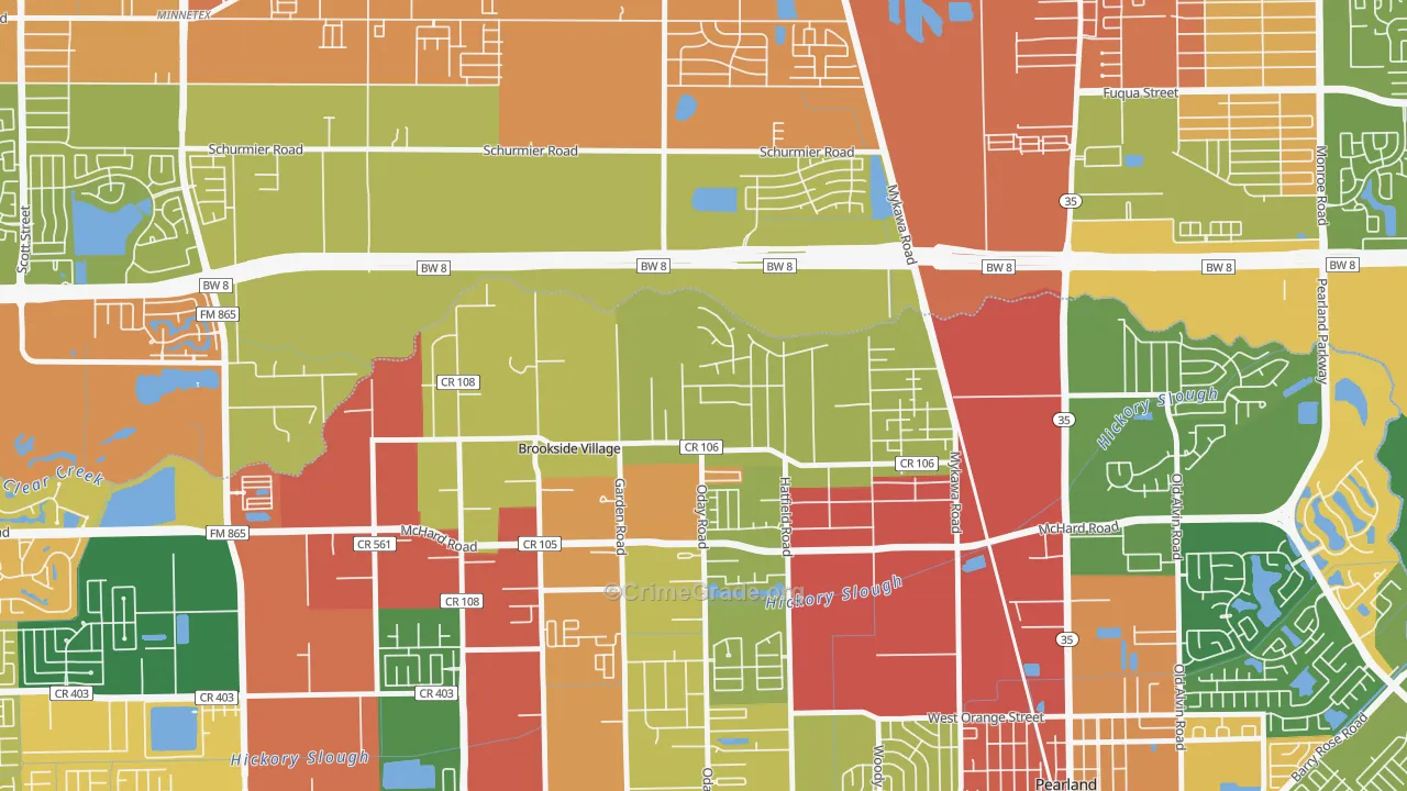 Brookside Village, TX Map of Robbery Rates