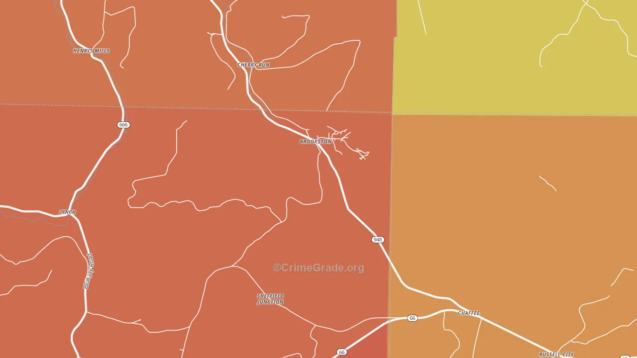 Brookston, PA Map of Robbery Rates