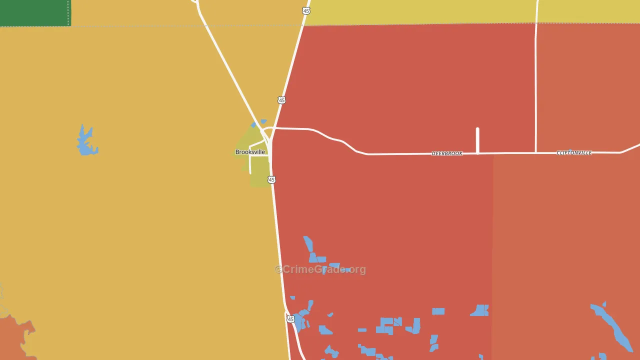 Brooksville, MS Map of Robbery Rates