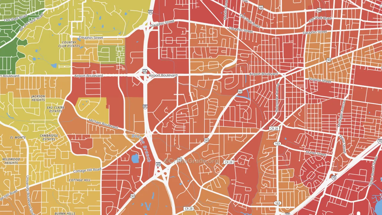 Brookwood, Mobile, AL Map of Robbery Rates
