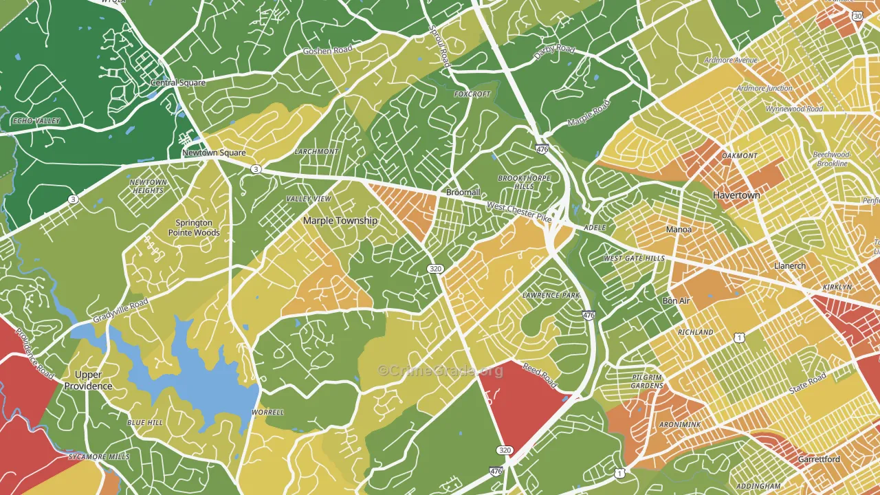 Broomall, PA Map of Robbery Rates