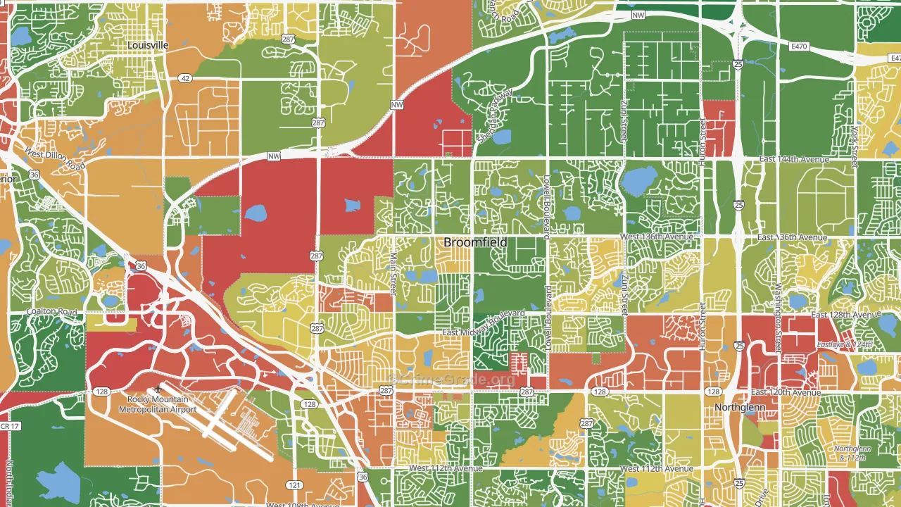 Broomfield County, CO Map of Robbery Rates