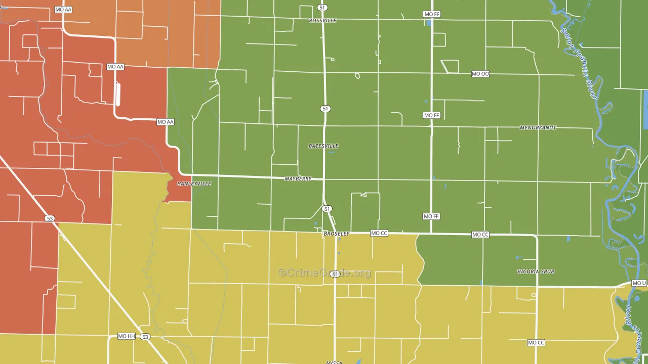 Broseley, MO Map of Robbery Rates