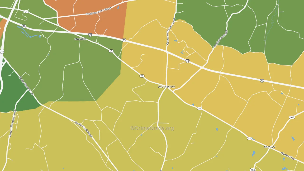 Brotherton, PA Map of Robbery Rates