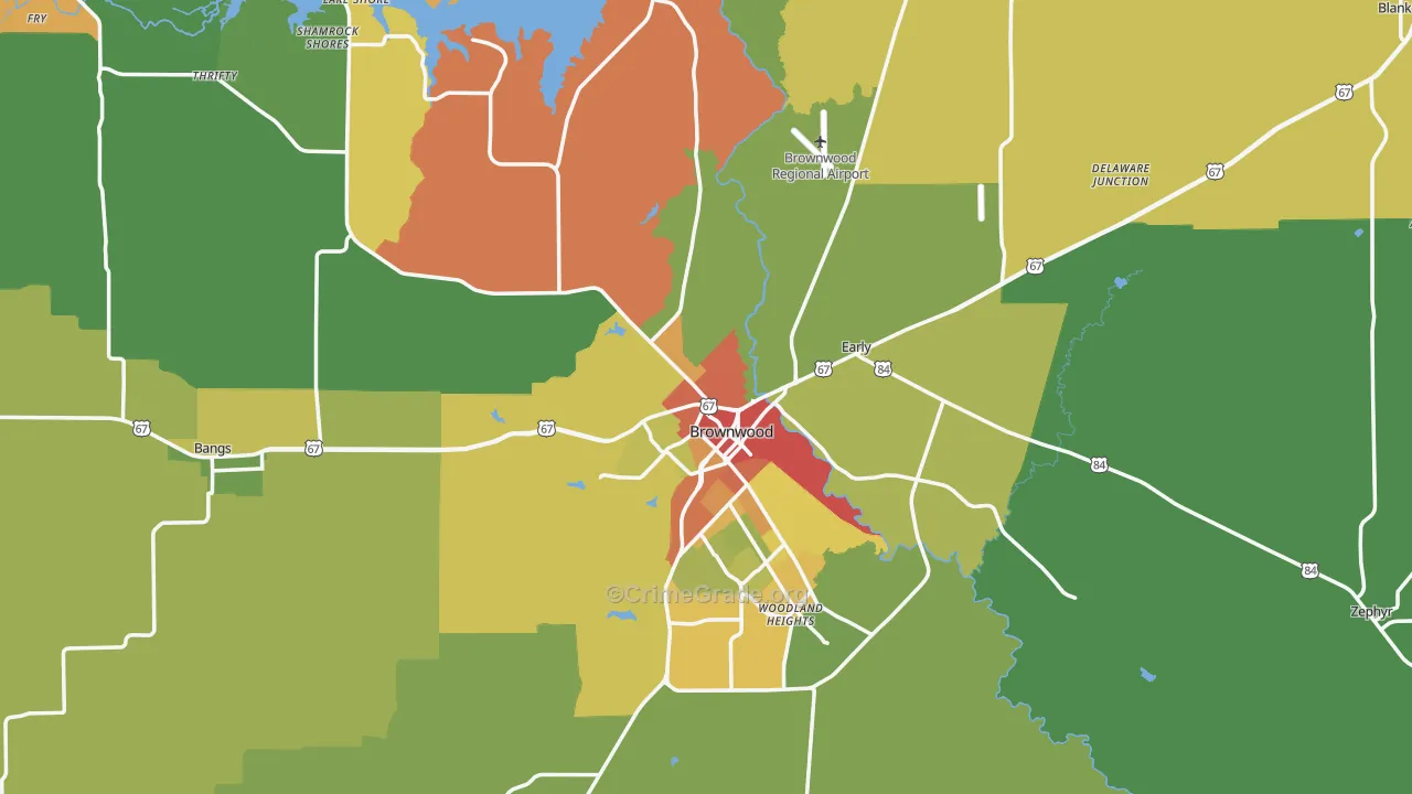 Brown County, TX Map of Robbery Rates