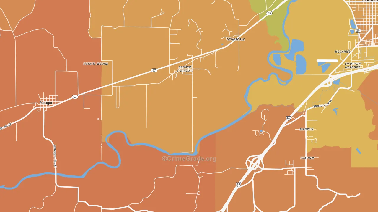 Browns Crossing, IN Map of Robbery Rates