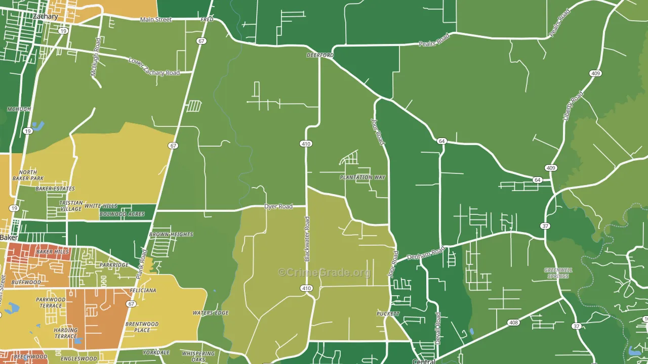 Brownsfield-Central, Baton Rouge, LA Map of Robbery Rates