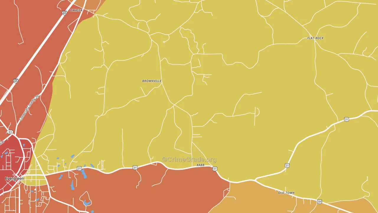 Brownville, AL Map of Robbery Rates
