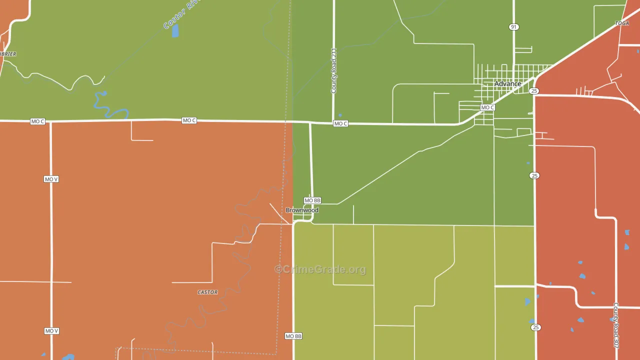 Brownwood, MO Map of Robbery Rates