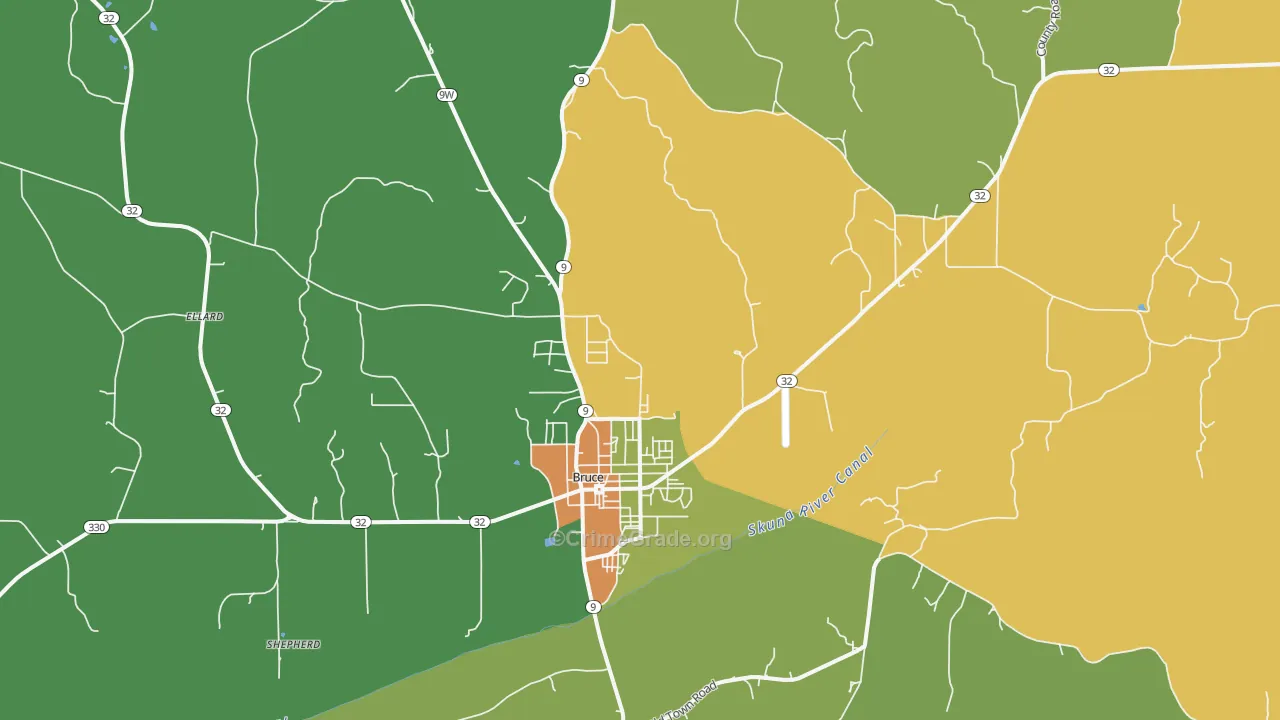Bruce, MS Map of Robbery Rates