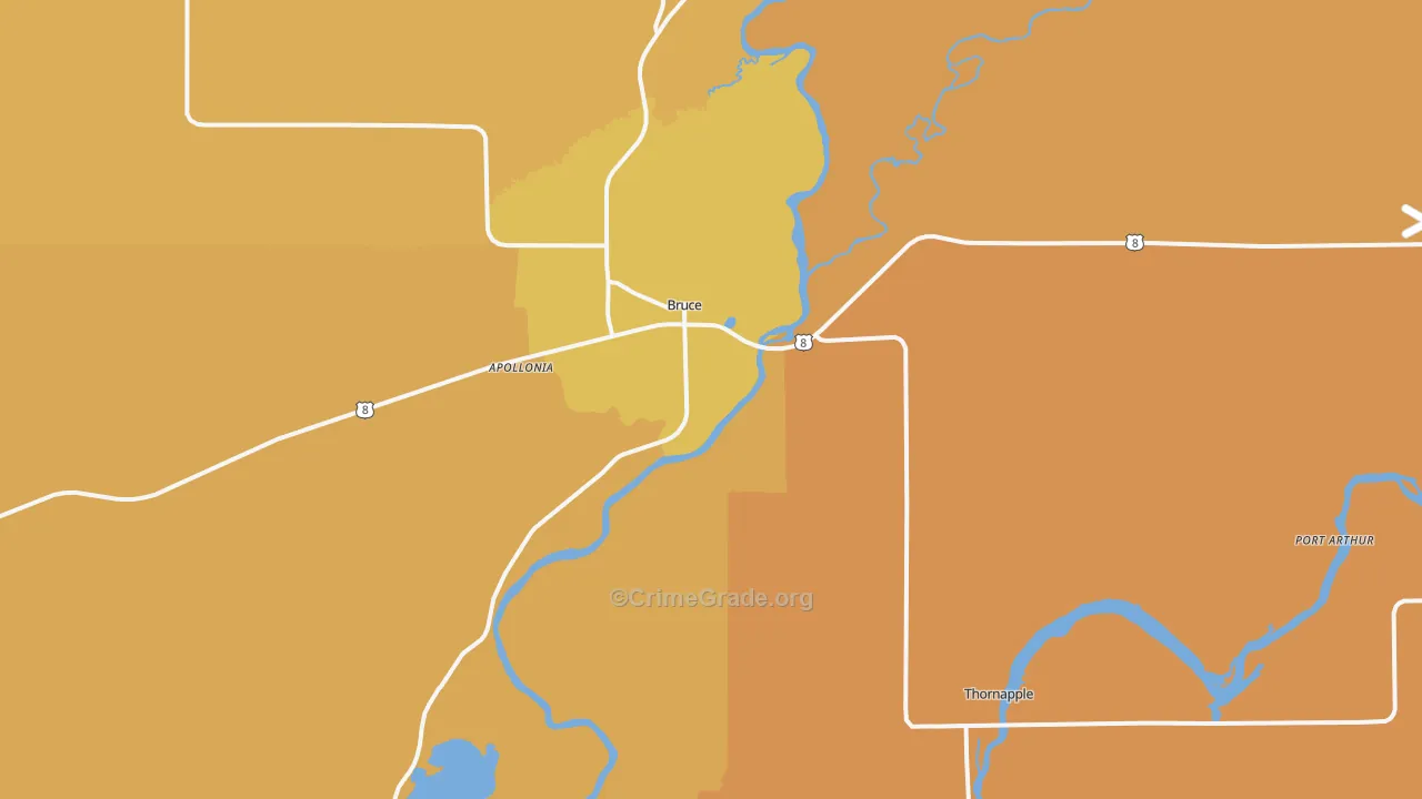 Bruce, WI Map of Robbery Rates