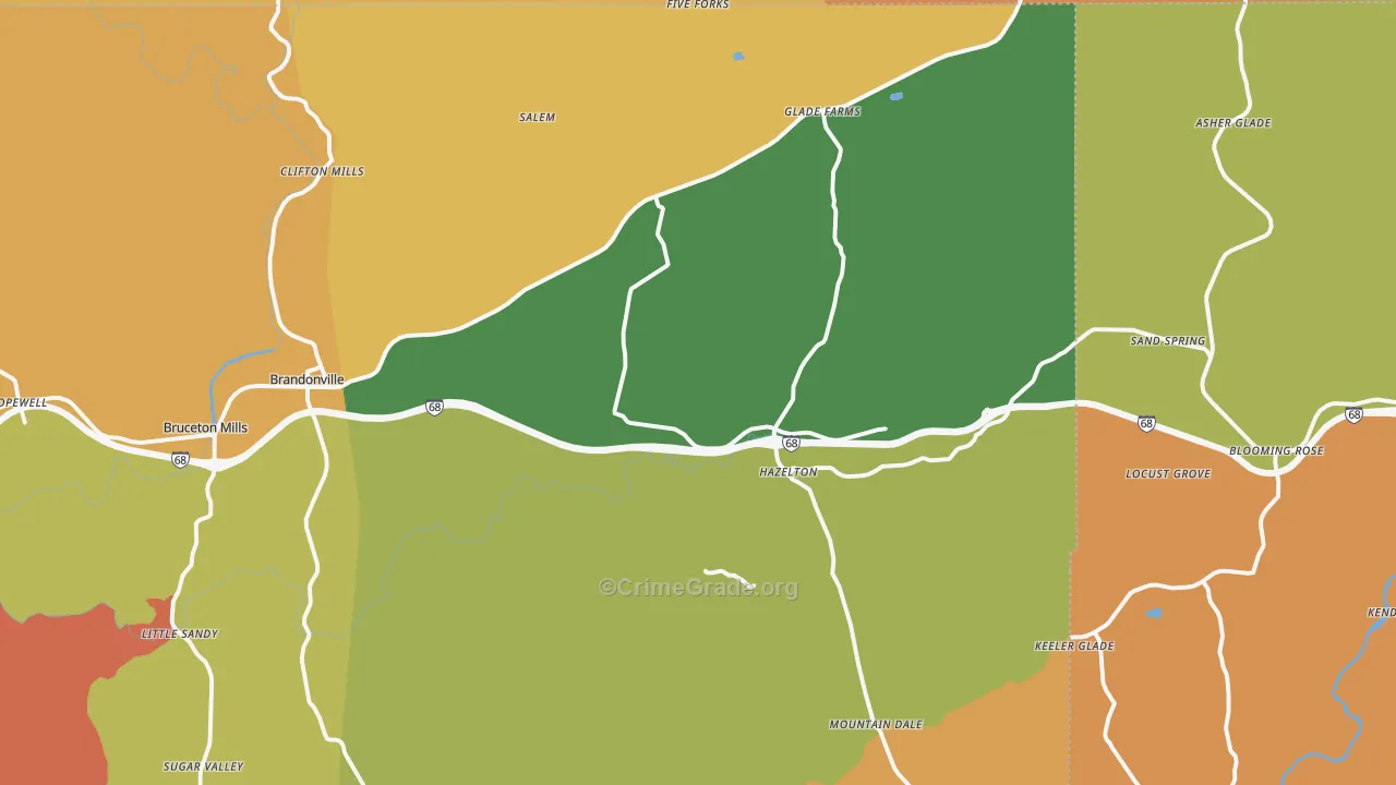 Bruceton Mills, WV Map of Robbery Rates