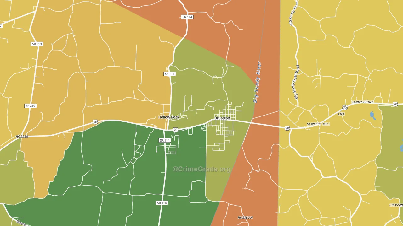 Bruceton, TN Map of Robbery Rates
