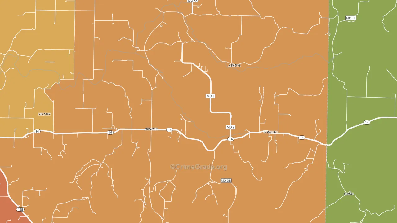 Bruner, MO Map of Robbery Rates
