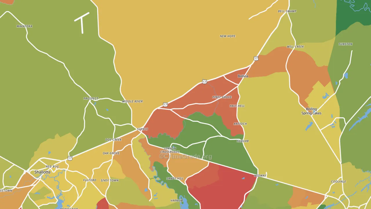 Brunswick County, NC Map of Robbery Rates