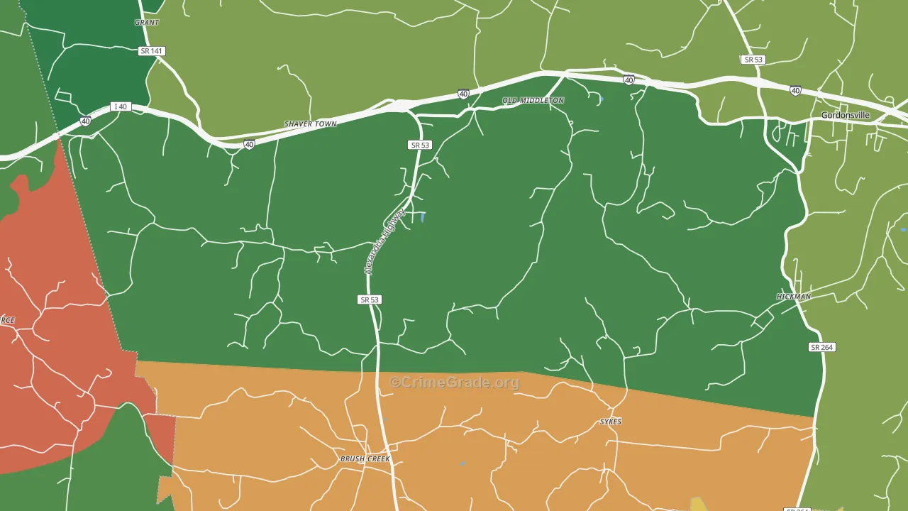 Brush Creek, TN Map of Robbery Rates