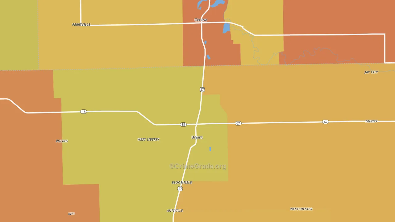 Bryant, IN Map of Robbery Rates