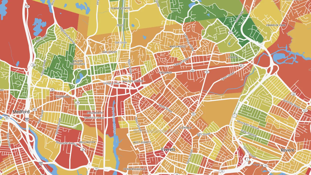 Bryant Terrace, Malden, MA Map of Robbery Rates
